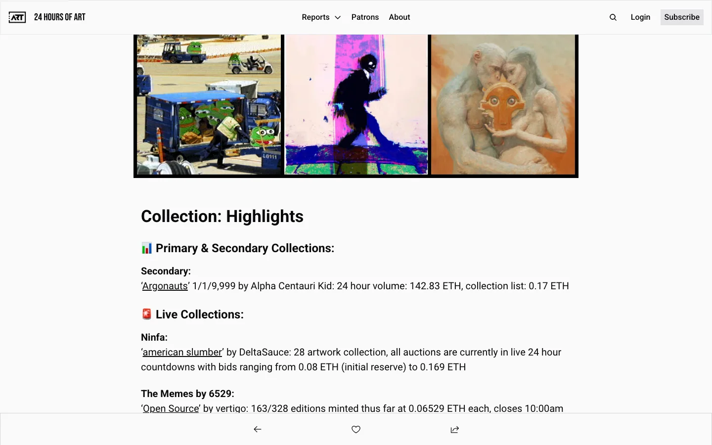 A September 2026 24 Hours of Art post on beehiiv: a collage of artworks above hand-typed text sections for collection highlights and live collections
