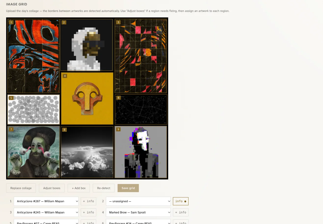 The Day Editor's grid tab: the uploaded collage with nine numbered regions detected around each artwork, buttons to adjust or re-detect boxes, and dropdowns assigning a sale to each region