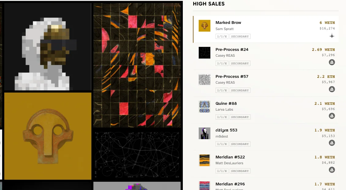 A close crop of the front page: the cursor over the Masks of Luci artwork in the collage, and the matching Marked Brow sale highlighted at the top of the High Sales list