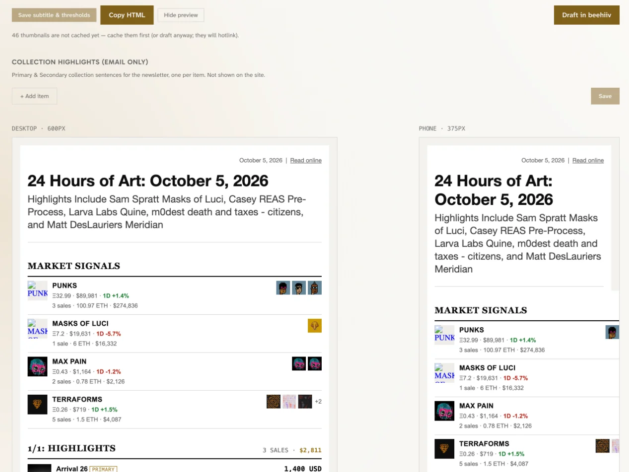 The Day Editor's newsletter preview: Copy HTML and Draft in beehiiv buttons above side-by-side desktop and phone renders of the October 5 email