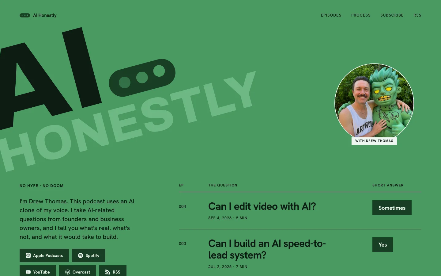 The AI Honestly podcast homepage, with the large slanted AI Honestly logo, a portrait of Drew, and the episode list with a short answer next to each question