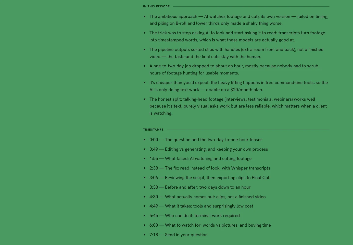 The episode 4 page: an In this episode list of highlights, timestamps from 0:00 to 7:18, and the tools mentioned