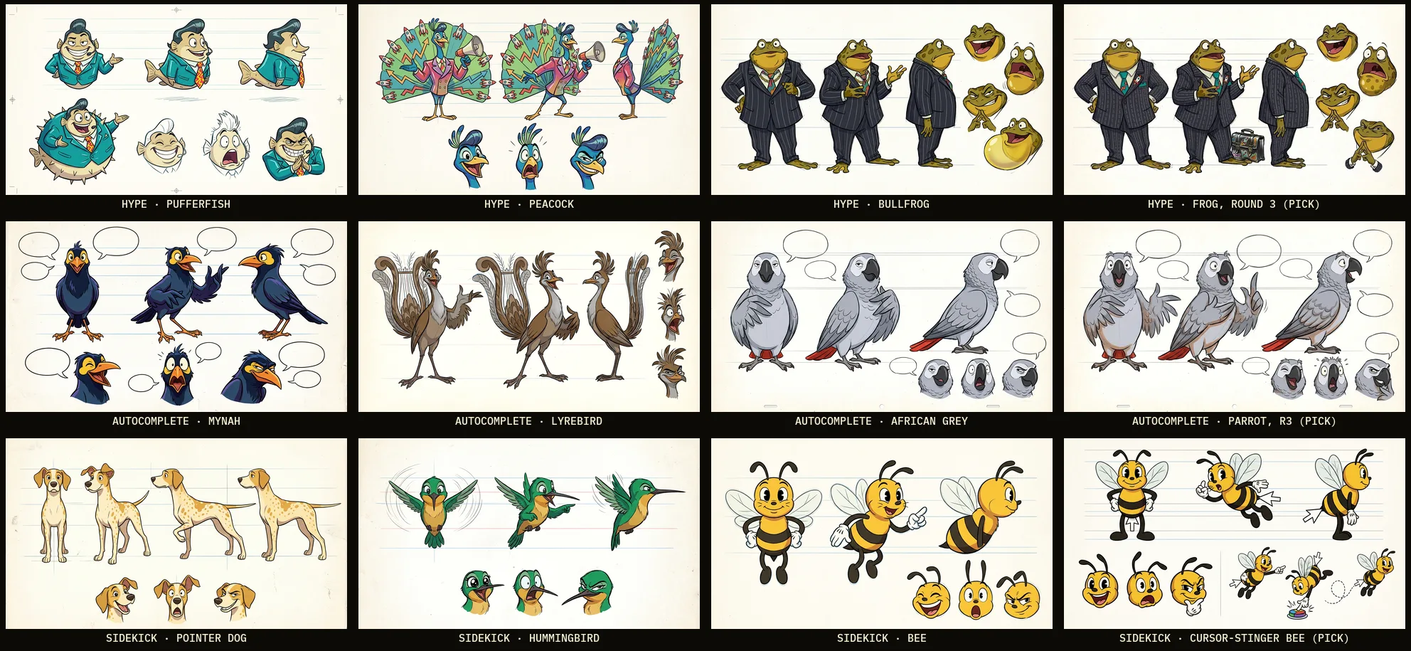 Twelve character sheets in a grid: pufferfish, peacock and bullfrog salesmen; mynah, lyrebird and parrot sidekicks; a pointer dog, a hummingbird and two bees, one with a cursor arrow for a stinger
