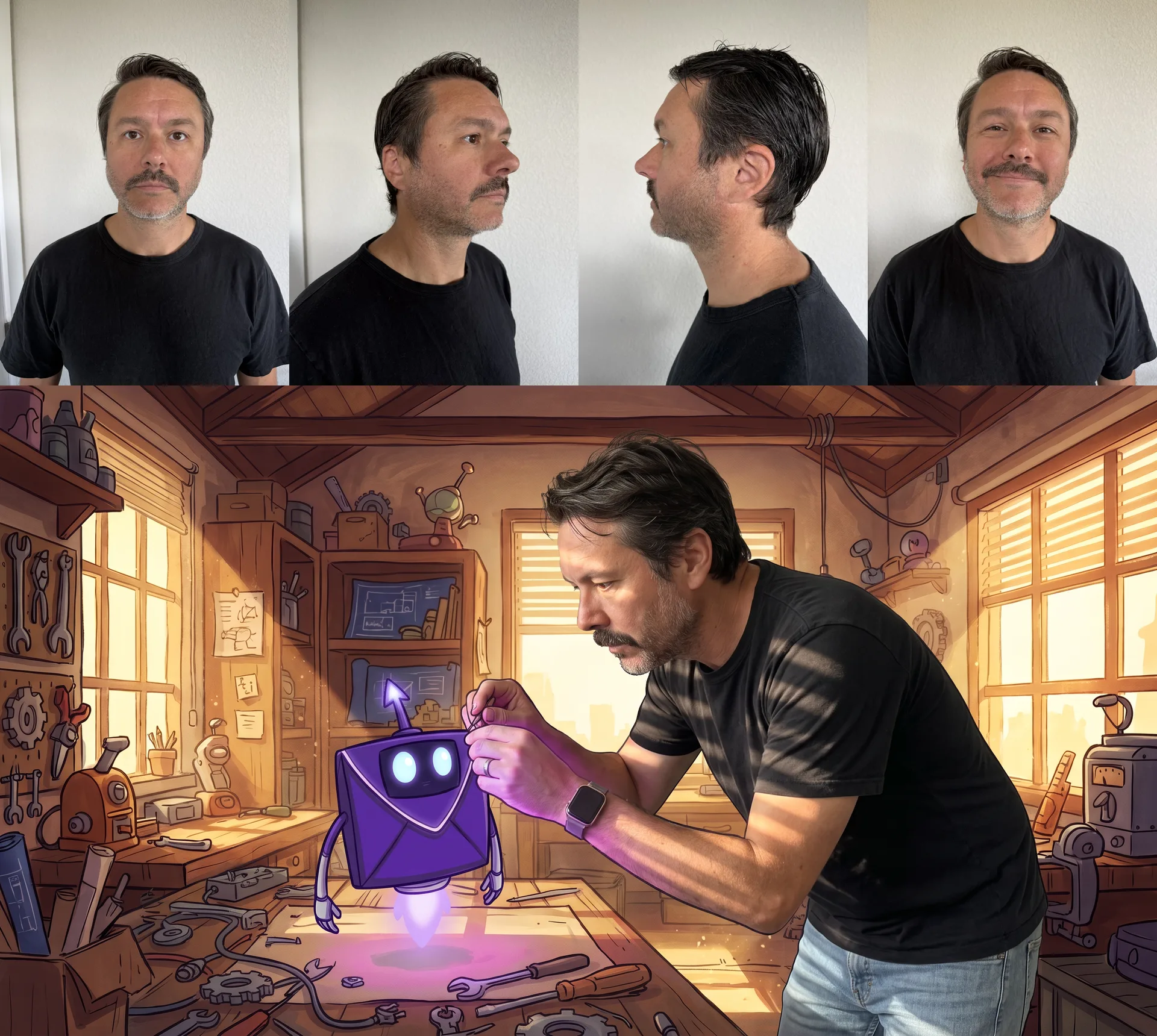 Four reference photos of Drew: straight on, three-quarter, profile, and smiling, above a storyboard still of a photoreal Drew building a purple envelope robot at a cartoon workbench