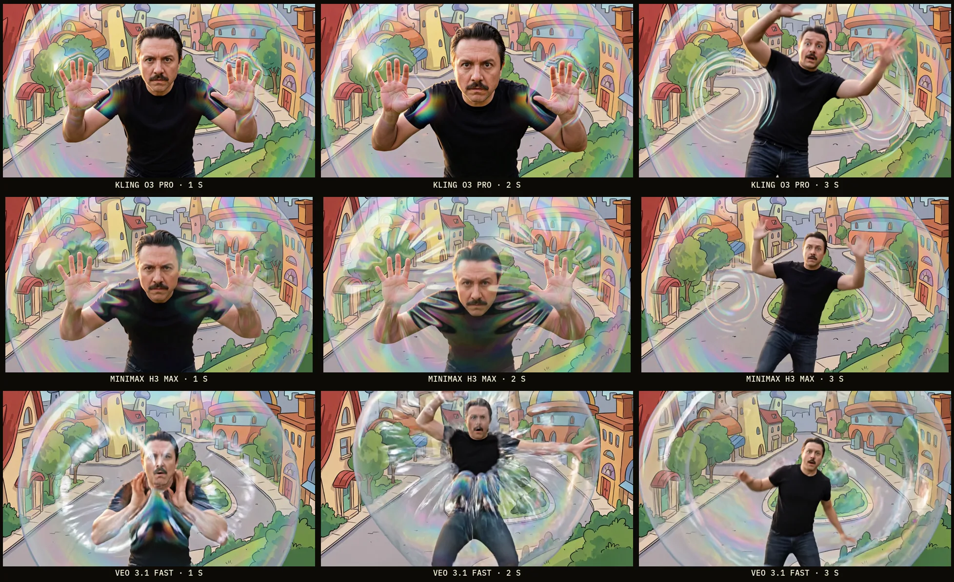A three by three grid of frames from the same wall-push shot. Kling keeps Drew's face and a clean push, MiniMax squishes his face against the membrane, and Veo tears the membrane apart