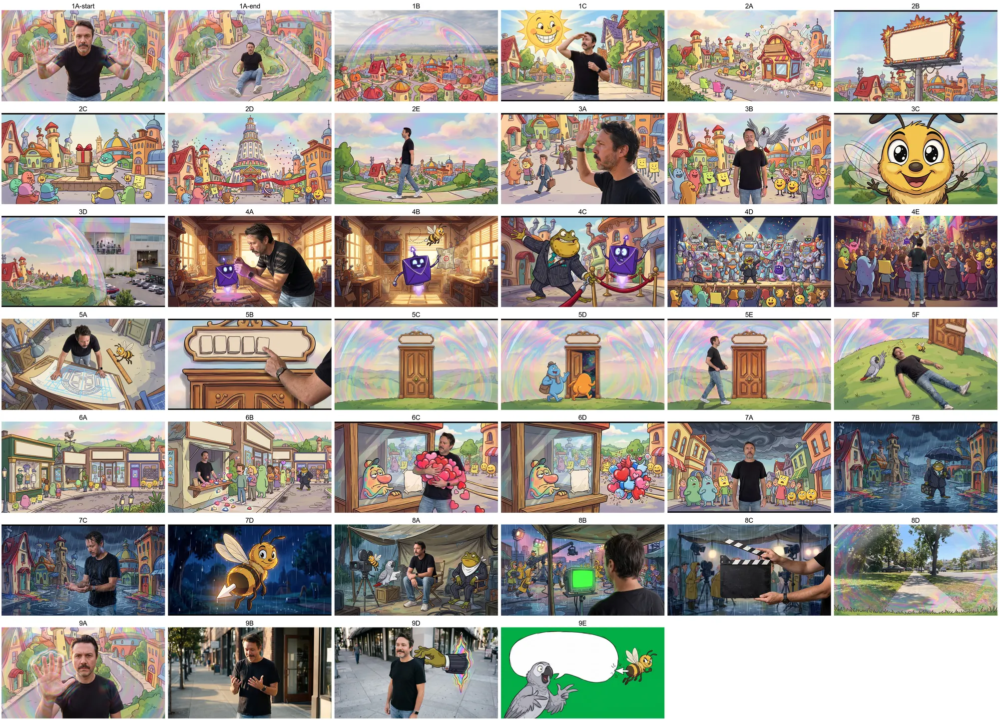 The full 40-frame storyboard as a contact sheet, from the bubble wall and cartoon town through the workshop, the painted door, the ticket booth, the storm, the film set, and the real sidewalk