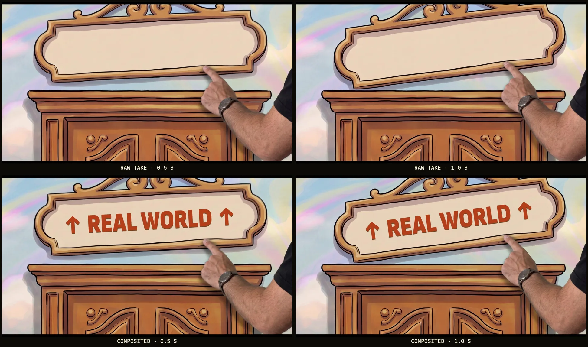 Four frames of the door sign shot. Top row, the raw take with a blank sign that Drew's finger nudges and tilts. Bottom row, the same frames with REAL WORLD lettered on, following the tilt, with the finger in front