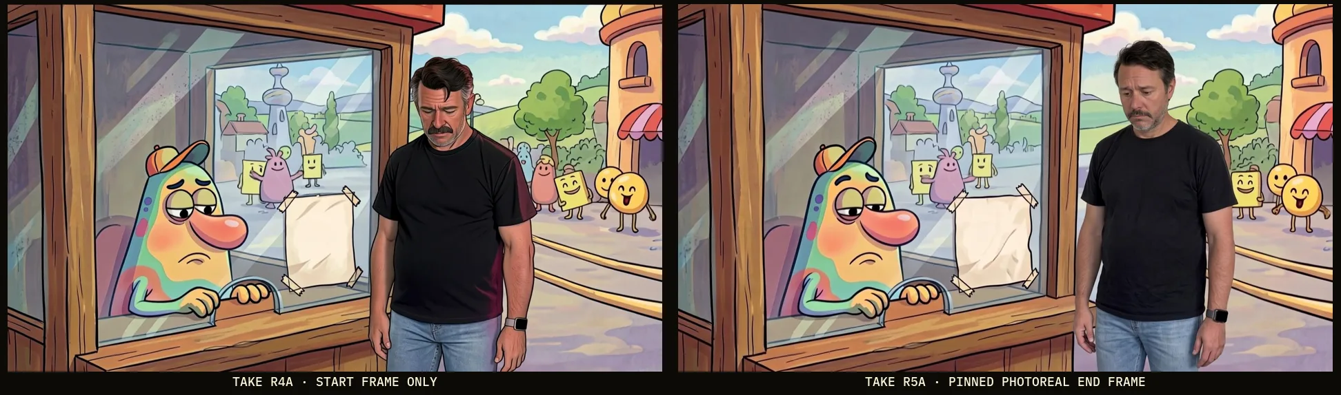 Two end frames of the ticket booth shot side by side. On the left Drew's face has turned semi-illustrated; on the right, with a photoreal end frame pinned, he stays photographic