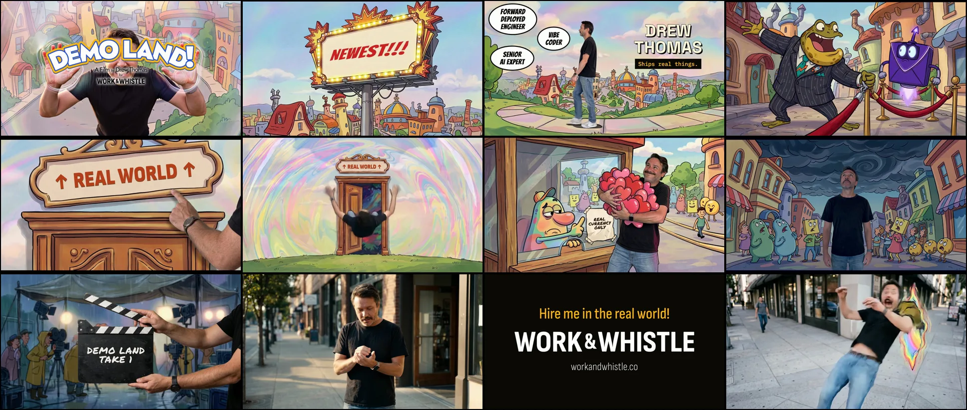 Twelve frames from the final film: the title, the NEWEST billboard, the name card with job-title bubbles, the bullfrog and envelope robot, the REAL WORLD sign, the door bonk, the ticket booth, the storm, the clapperboard, the real sidewalk, the end card, and the yank back in