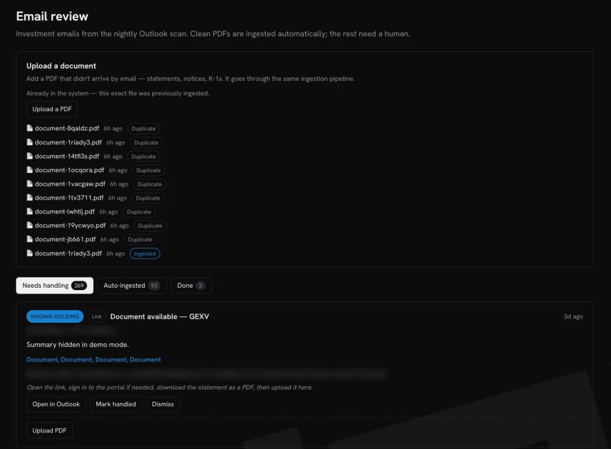 The Email review page: an upload area with a list of recent files marked Duplicate or Ingested, tabs for Needs handling, Auto-ingested and Done, and a queued email from a known holding with instructions to open the portal link and upload the statement