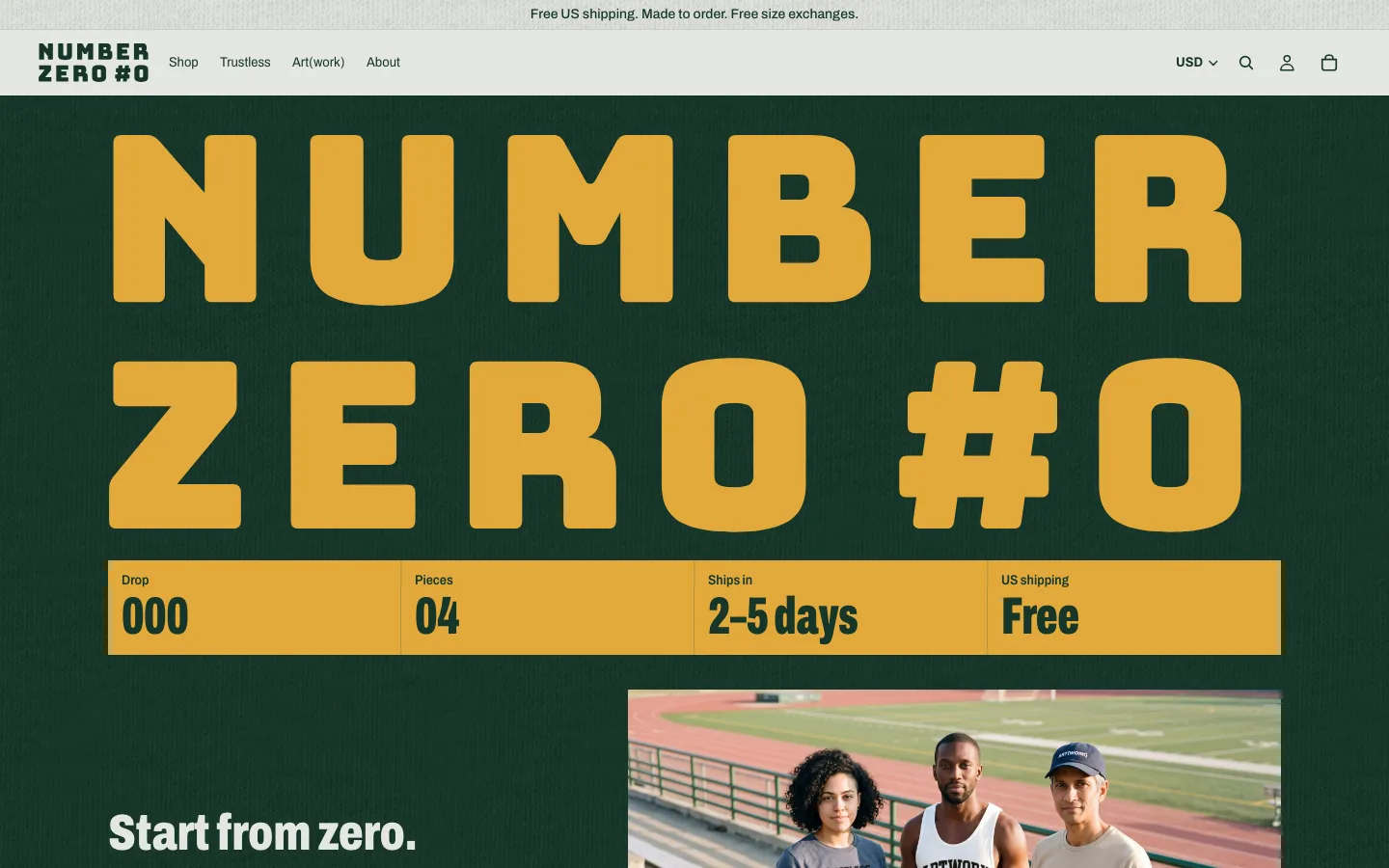 The Number Zero homepage, with the logo in huge gold letters on forest green above a scoreboard strip reading Drop 000, 04 pieces, ships in 2 to 5 days, free US shipping