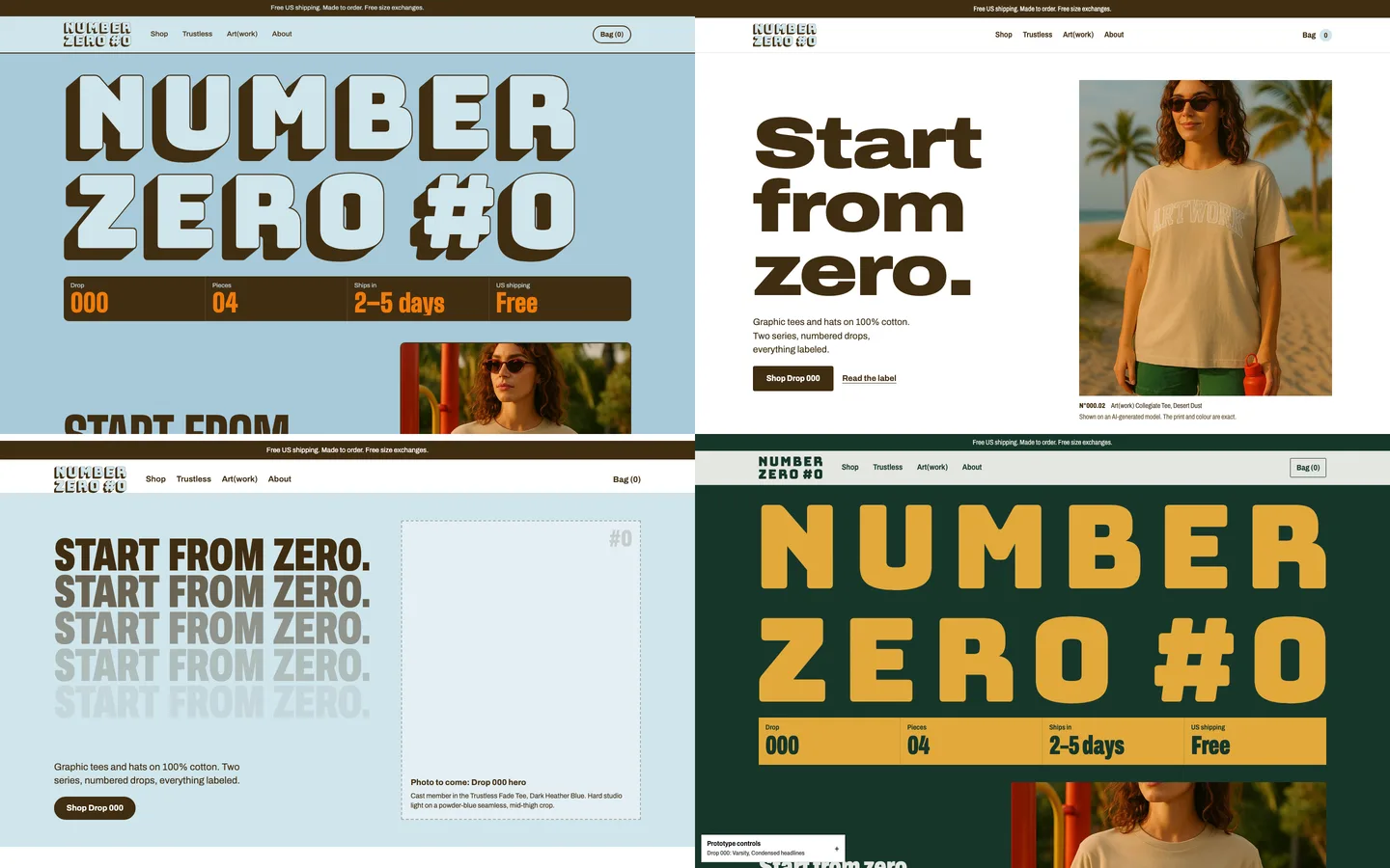 Four homepage prototypes in a grid: a powder-blue Sport Shop version with a 3D logo, a quiet Registry version with a large Start from zero headline, a Hybrid version with stacked fading headlines, and the combined version in forest green and gold