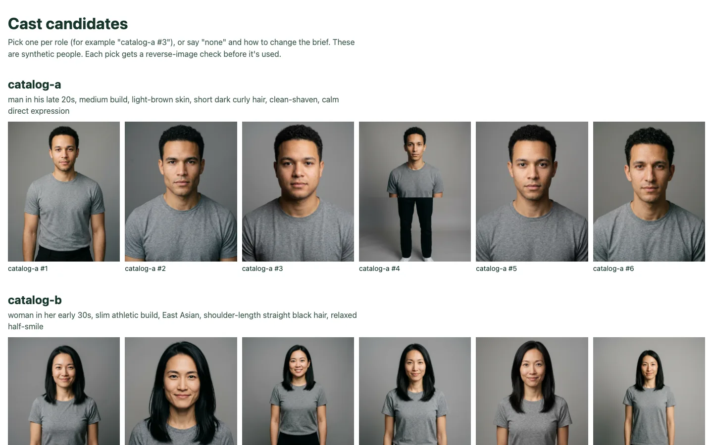 A contact sheet titled Cast candidates, with rows of six generated portraits per role, each person in a plain grey tee on a grey backdrop