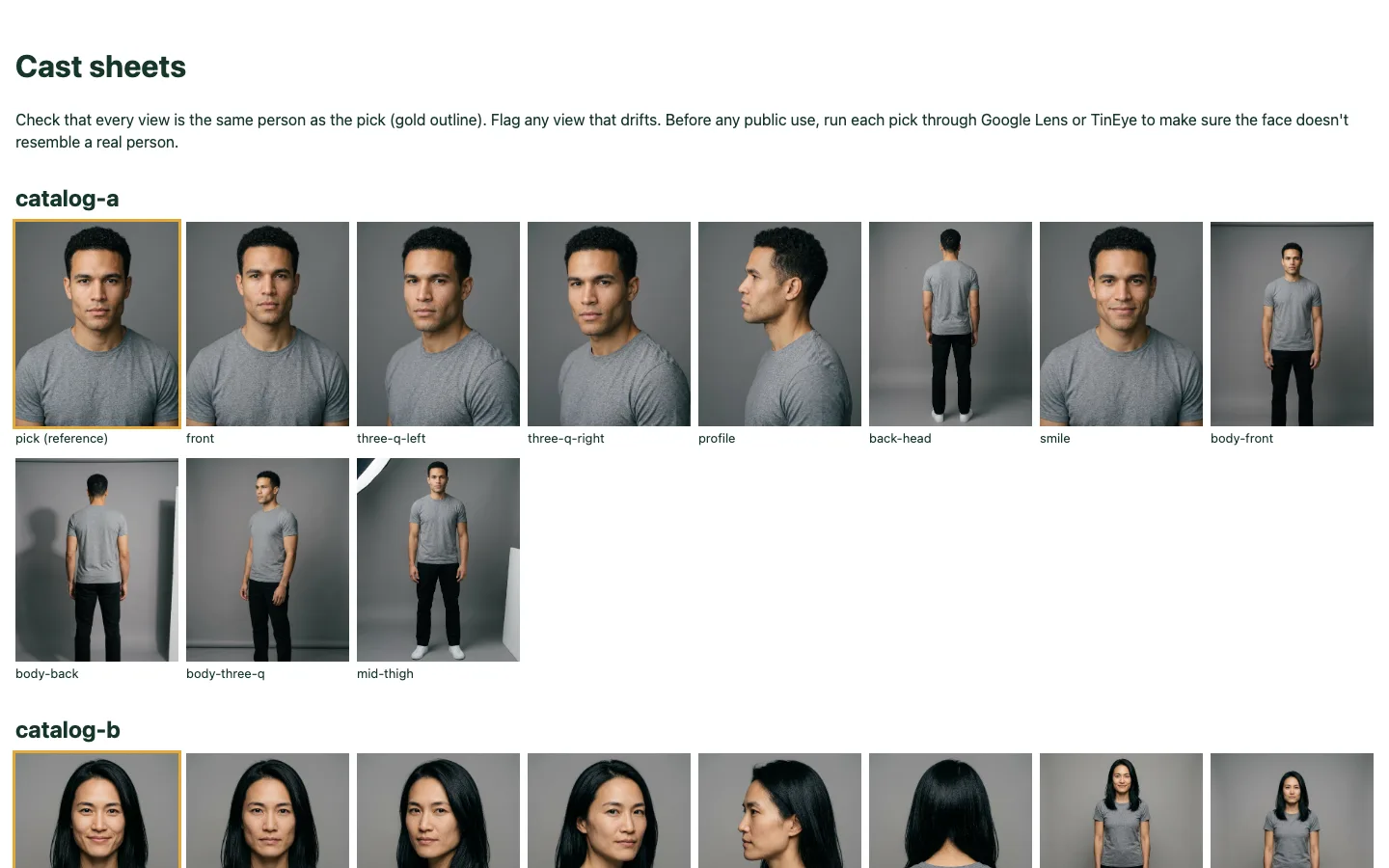 A Cast sheets page: one catalog model shown in about ten views, including front, both three-quarters, profile, back of head, smile and full body, with the original pick outlined in gold