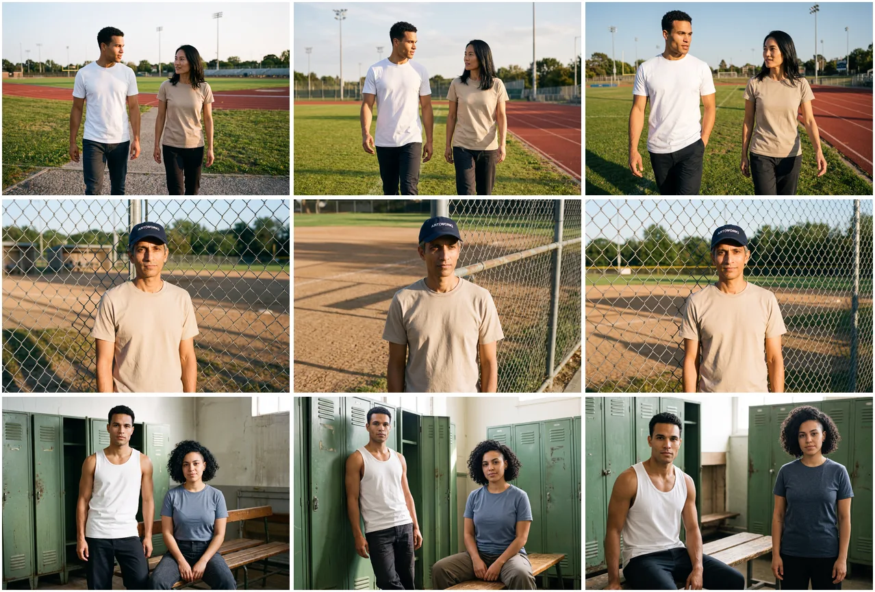 Nine generated lookbook scenes with no prints yet: two people walking past a running track, a man in a cap at a ballfield fence, and two people in a green locker room, all in blank tops