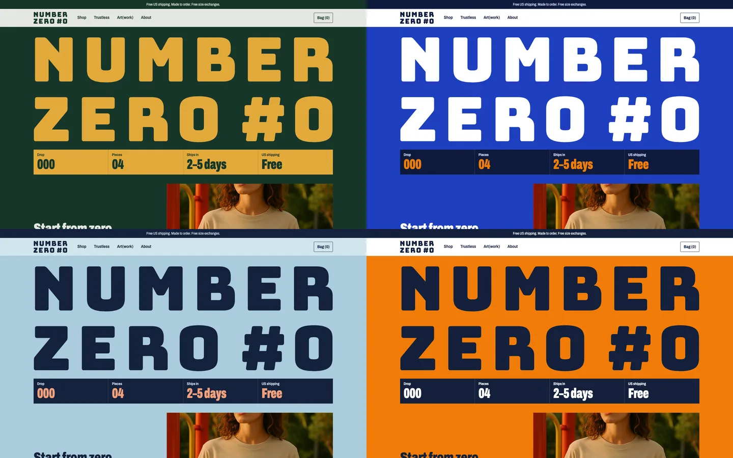 The same homepage hero in four palettes: forest green and gold, cobalt with white, powder blue with navy, and orange with navy