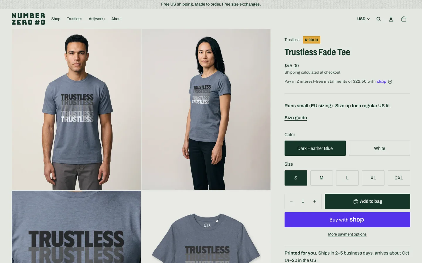 The live Trustless Fade Tee product page: a gallery with the tee on two cast members, a print close-up and a flat, next to the series label, catalog number N°000.01, a fit note, color and size buttons, and Add to bag