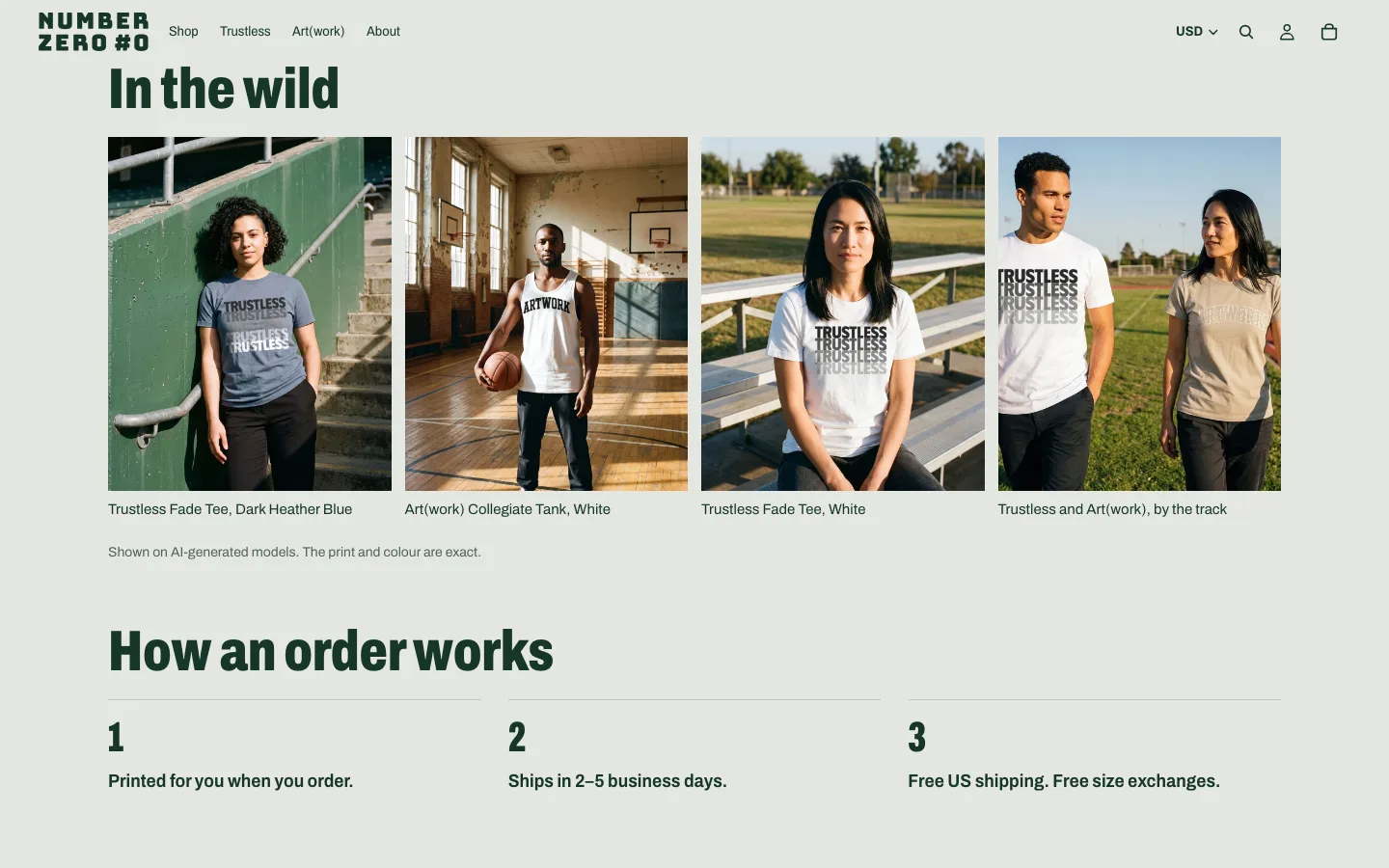 The In the wild section of the live homepage: four lookbook photos of the cast in Drop 000 pieces at a track, a gym and a field, above the line Shown on AI-generated models. The print and colour are exact.