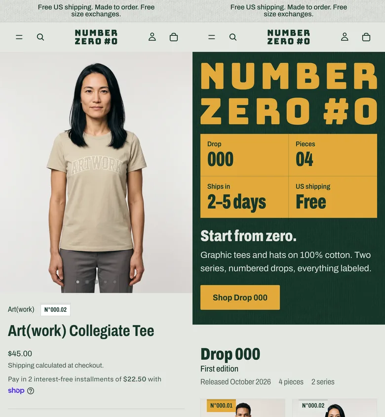 Two phone screenshots side by side: the Art(work) Collegiate Tee product page with a cast member in the tee, and the homepage hero with the gold scoreboard strip