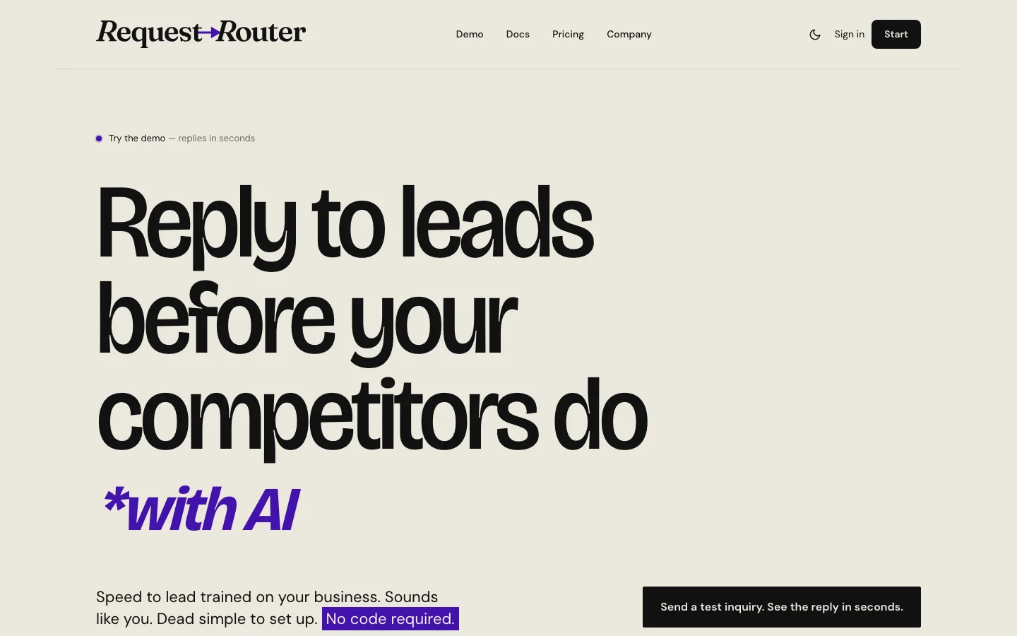 The Request Router homepage, with the headline Reply to leads before your competitors do, with AI