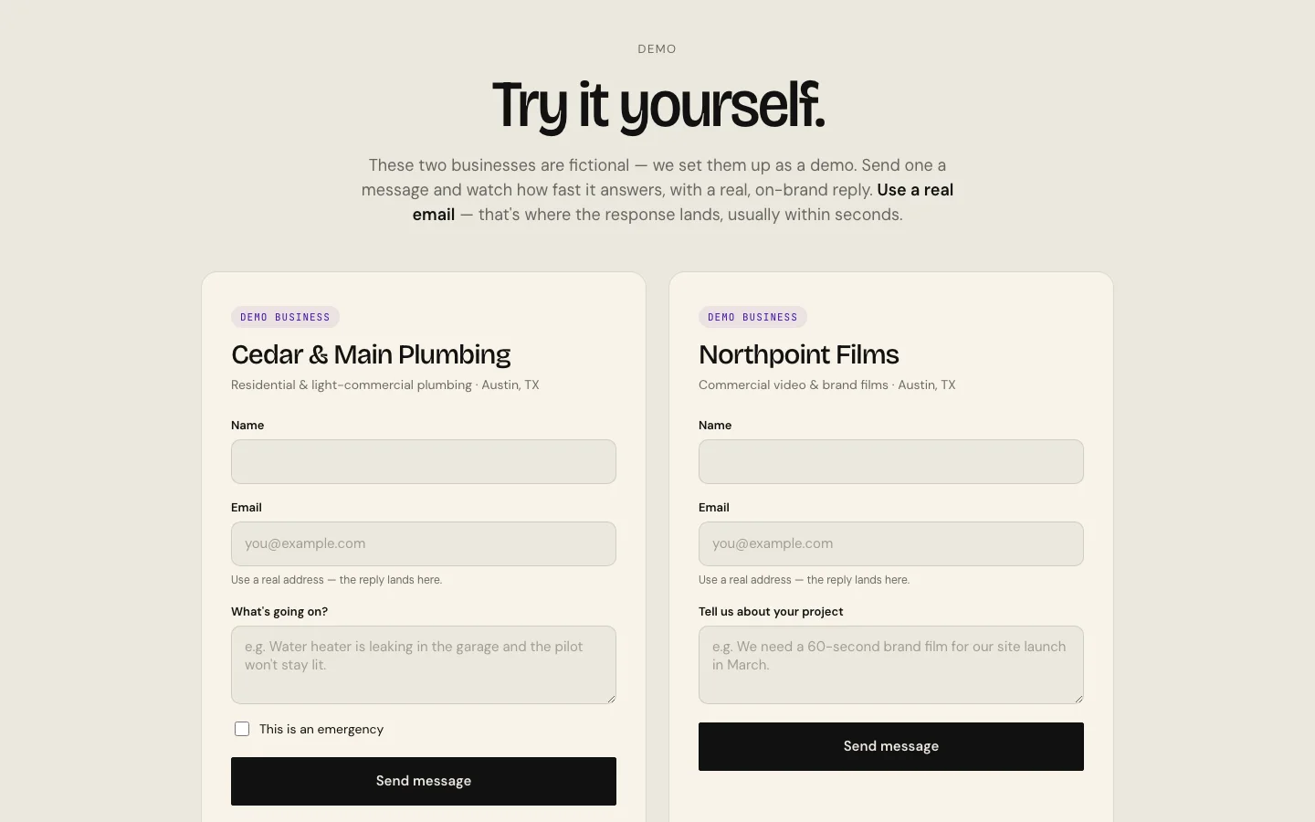 The Try it yourself section: contact forms for two demo businesses, Cedar & Main Plumbing and Northpoint Films, each with name, email and message fields