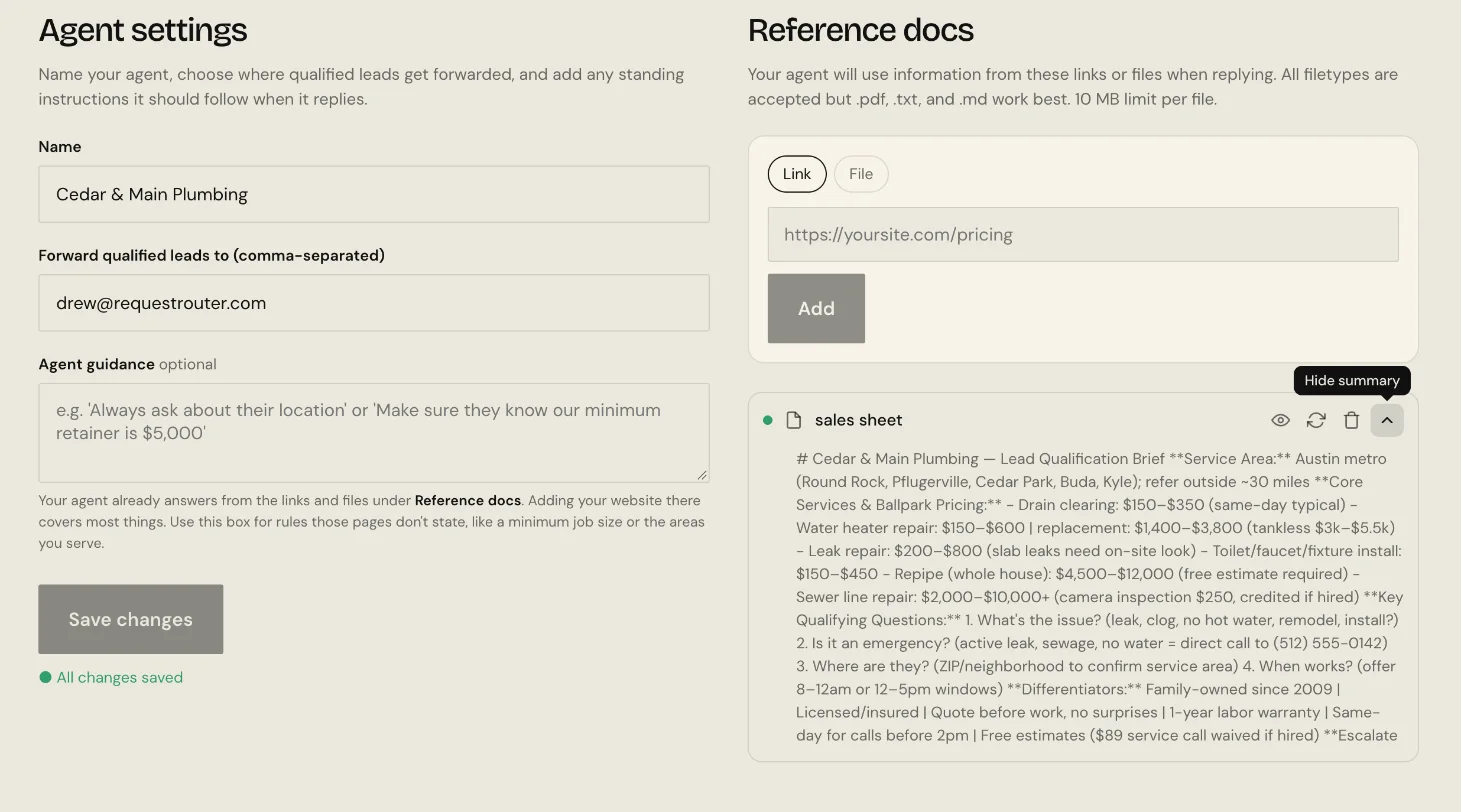 The agent's Training tab: settings for name, forwarding address and guidance on the left; on the right, a sales sheet source expanded to show its condensed brief of service area, pricing, qualifying questions and differentiators