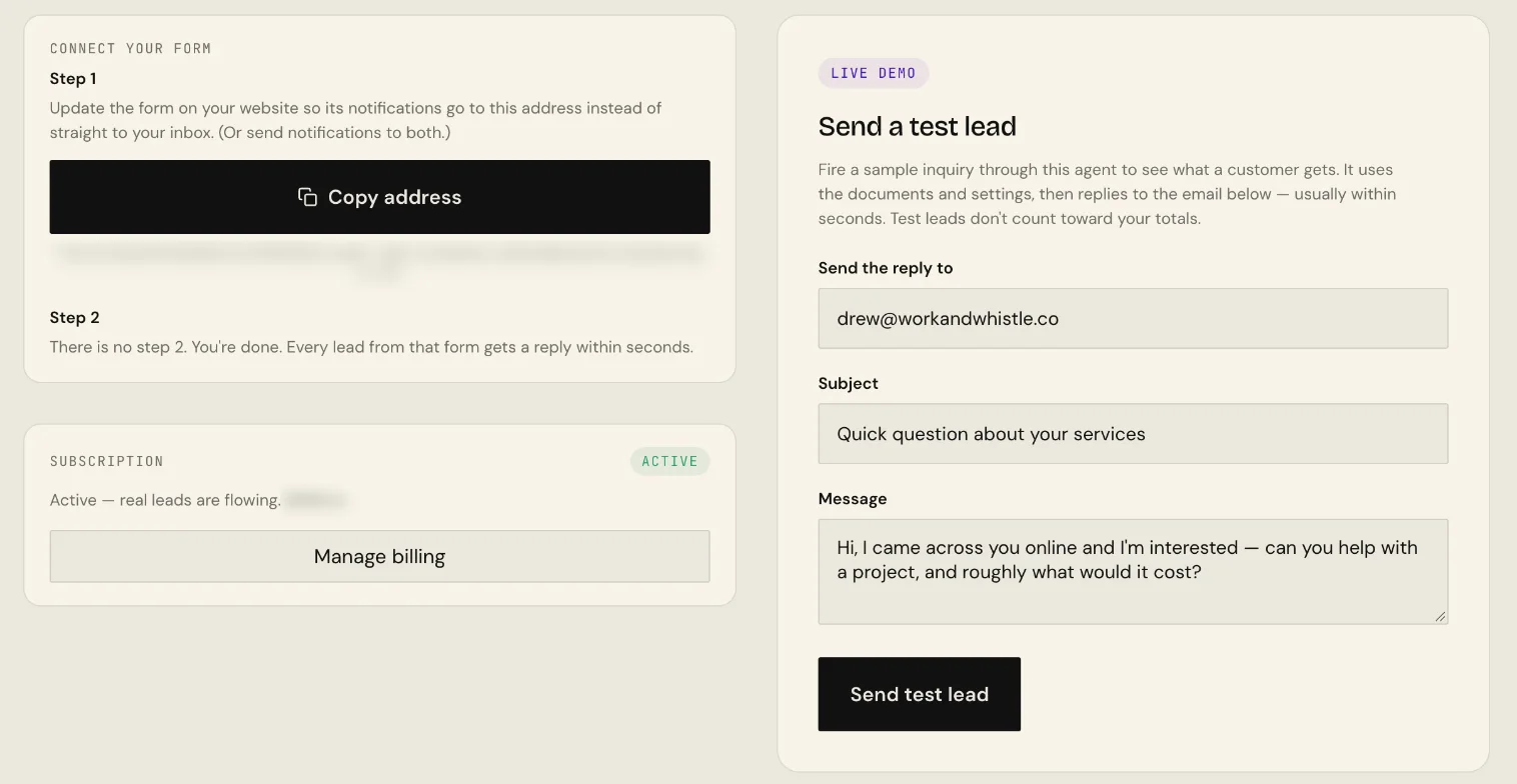 The agent's Test leads and billing tab: the form-connection steps with the intake address blurred, an active subscription card, and a Send a test lead form