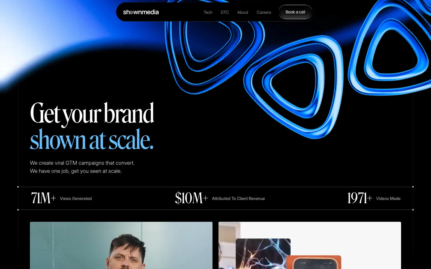The live Shown Media home page: a large serif headline reading Get your brand shown at scale over blue 3D shapes, with a stats bar showing 71M+ views generated