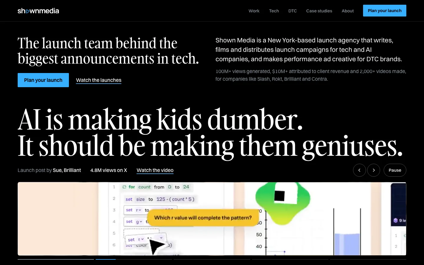 The rebuilt home page, with a plain headline reading The launch team behind the biggest announcements in tech and a launch post's first line in large type above its film