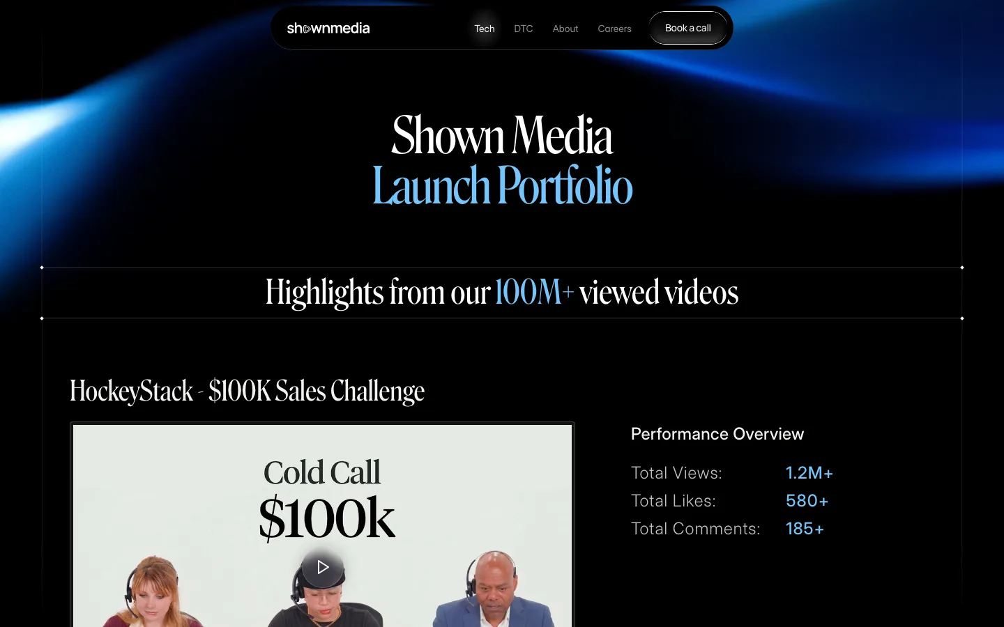 The live portfolio page: a centered Launch Portfolio heading over a blue glow, with one launch video and its view, like and comment totals