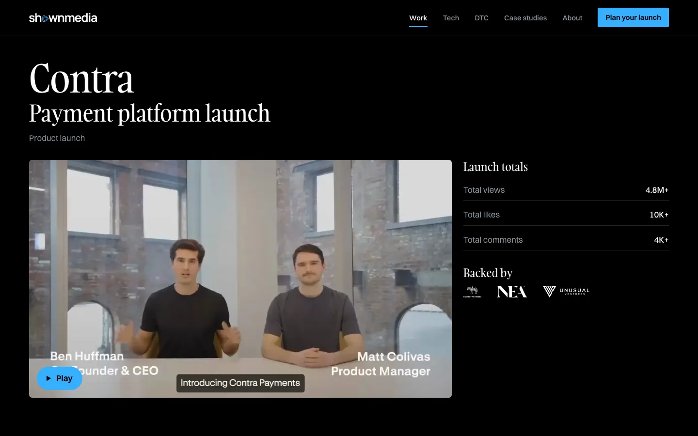 A watch page for Contra's payment platform launch: the film on the left, launch totals and backers on the right