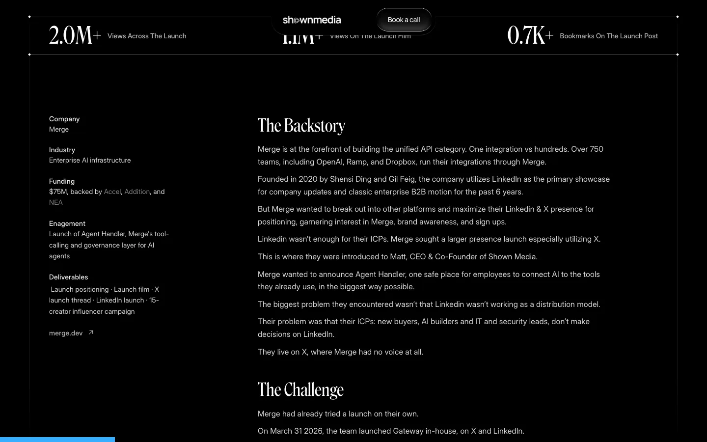 The live Merge case study body: white text on black, with company details in a left column