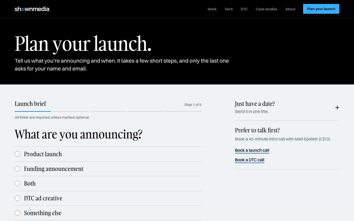 The Plan your launch page: step one of a five-step launch brief asking what you're announcing, with a just have a date option and direct call links alongside