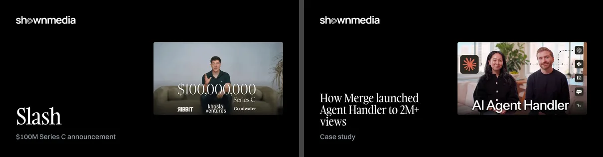 Two generated social share cards: one for Slash's $100M Series C announcement and one for the Merge case study, each with the Shown Media wordmark and a still from the film
